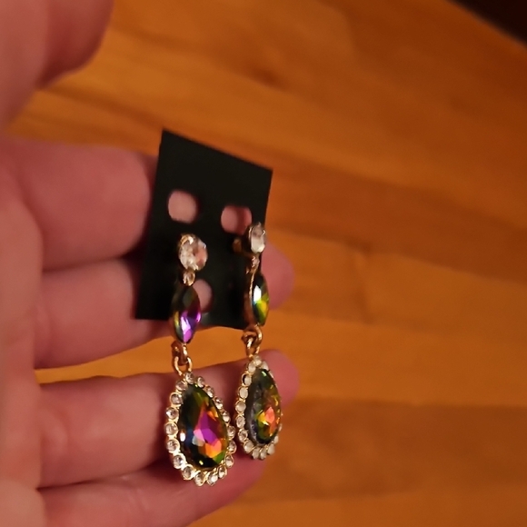 Multicolor Teardrop Earrings Grean, purple pink, Yellow, Gold Backing - Picture 3 of 4